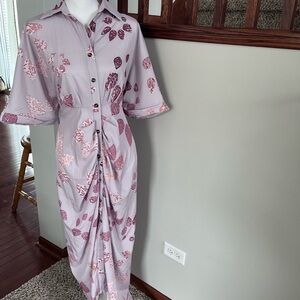 Blush Lavender Button-Down Maxi Dress with Leaf Print XXXL Women's Summer Dress